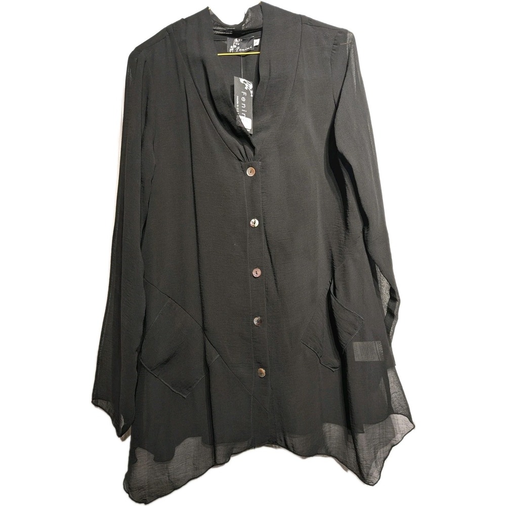 Fenini Blouse Womens S Blk Long Sleeve Sheer Button Up Pocket Boho Tunic Top NWT